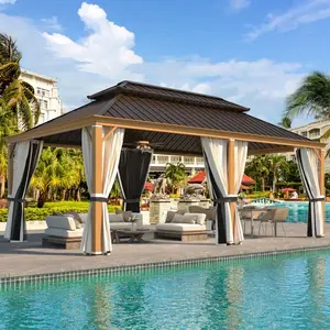 12' x 20' Hardtop Gazebo Faux Wood Grain Metal Gazebo with Aluminum Frame, Galvanized Steel Double Roof, Outdoor Patio Gazebo Pergolas with Netting and Curtains for Backyard, Patio, Lawns