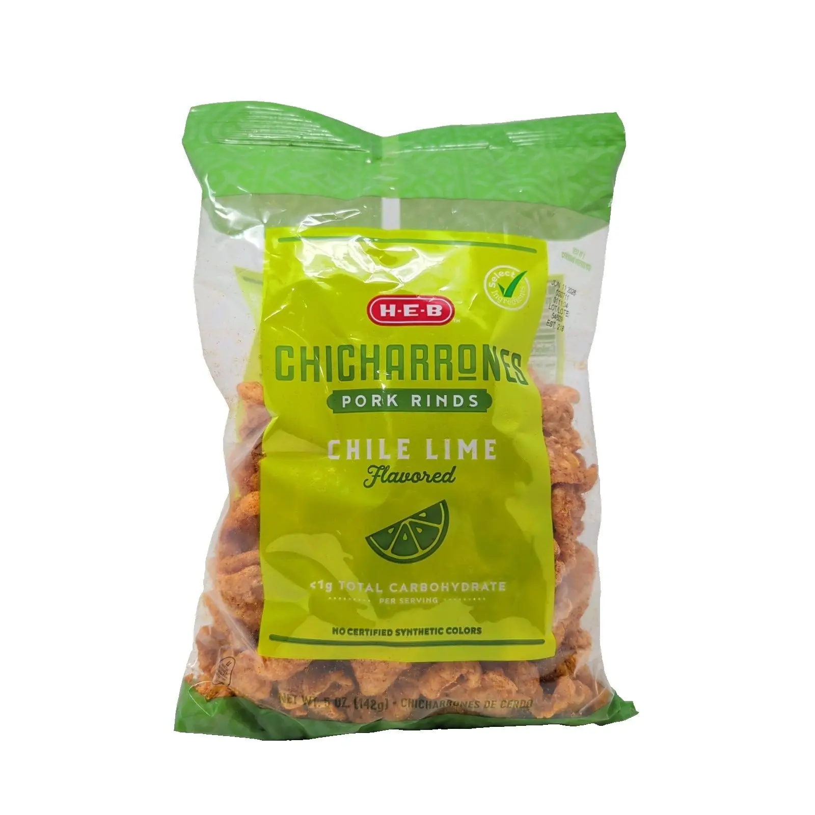 HEB Chicharrones Pork Rinds Chile Lime Flavored 5 Ounce Bag HEB Chicharrones Pork Rinds Chile Lime Flavored 5 Ounce Bag