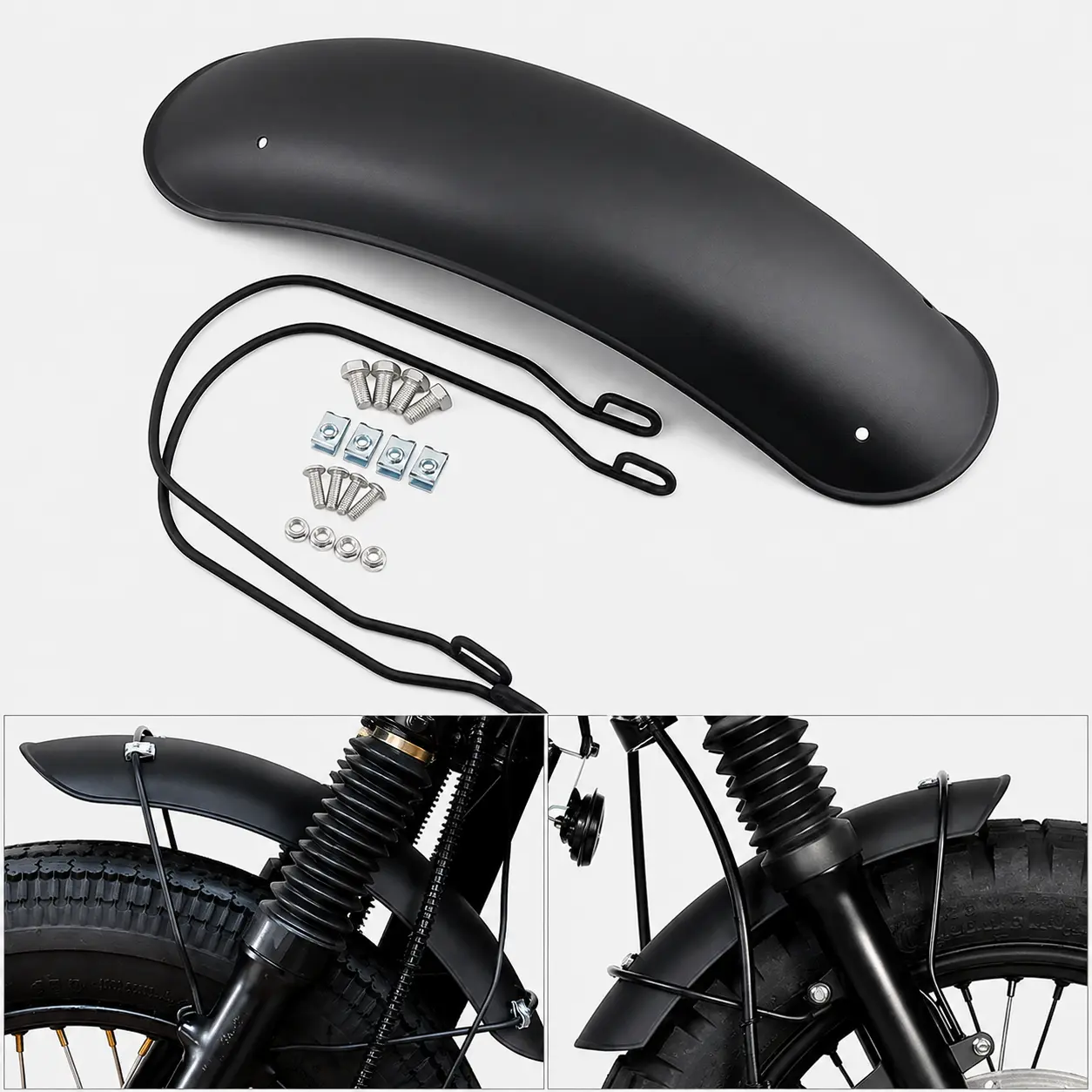 Matte Black Stainless Steel Universal Short Front Fender Mudguard - 1x Lightweight Replacement Debris Shield with Pre-Drilled Mounting Holes, Custom Bobber Look for Harley Bobber-Café Racer with 16-18" Wheels, Tracker Styling