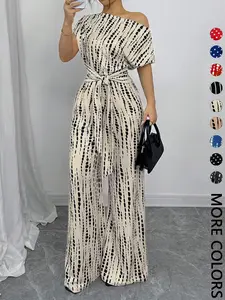 Women's All Over Print Tie Front   Jumpsuit, Casual Asymmetrical Neck   Jumpsuit for Spring & Fall, Women's Clothes for Daily Wear