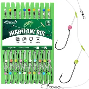 High Low Rigs Fishing Saltwater 60lb Pre-Tied Hi/Lo Strong Unique T Knot Bottom Surf Fishing Rigs with 2/0 3/0 Hook 10PCS for Flounder Fluke Snapper