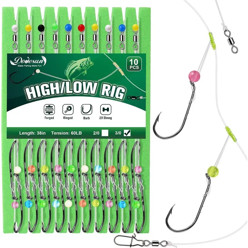Dovesun Pre-Tied 38in Hi-Low Saltwater Bottom Fishing Rigs, 60lb Strong T-Knot Durable Bottom Fishing Tackle Set, 10pcs Hi-Low Rigs with 2/0 Hook, 2/0 & 3/0 Dual Hooks for Black Sea Flounder, Snapper