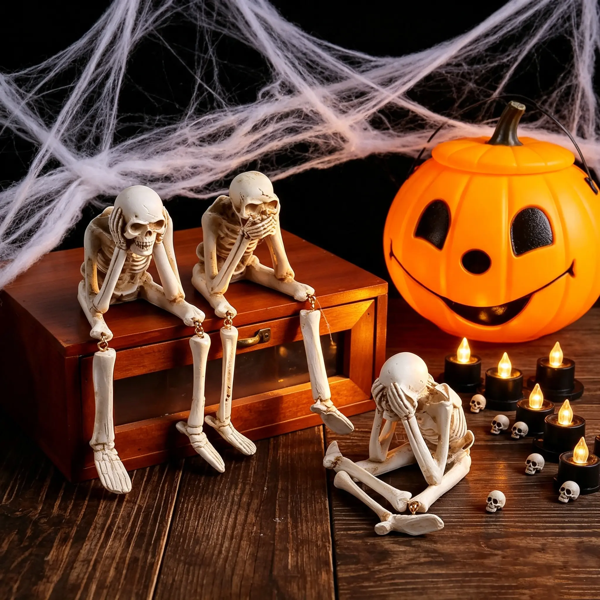 Halloween Resin Skull Figurine - Indoor Recreation Decor, No-See-No-Hear-No-Talk Themed Ornament for Ghost Festival, Detailed Skeleton Craftsmanship