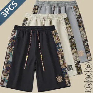 Fashion Men Bear Embroidery Patchwork Waffle Fabric Shorts Retro Ethnic Styling Elastic Braided Drawstring Waist Loose Fit Trendy Streetwear Summer Casual Shorts