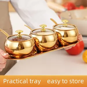 Stainless Steel Condiment Set with Lids and Spoons, Spice Containers, Service Tray Included, Perfect for Pepper, Salt, Coffee Beans