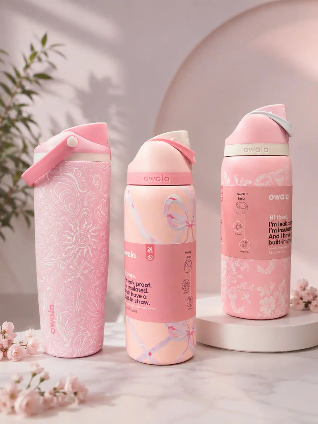 Owala Pink Insulated Reusable Water Bottle Set - 3 Styles FreeSip, Leak-Proof Lid, Built-In Straw, Cute Pastel Wide Mouth, Portable for Gym, Travel, Office