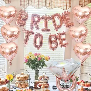 16pcs Rose Gold Bride Letter Balloon Set, Ring Heart Aluminum Foil Balloons, Hawaiian Wedding Engagement Beach Proposal Party Decorations, Heart Shaped Balloons