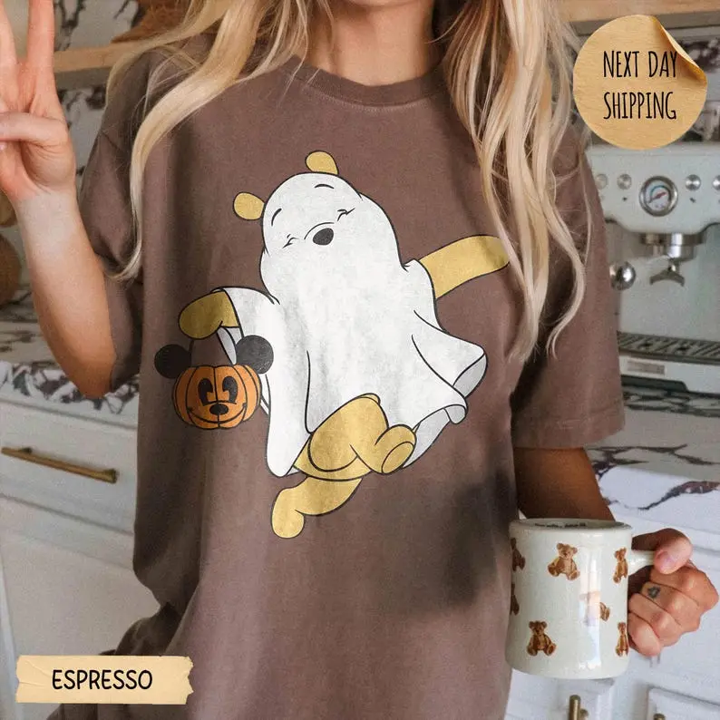 Comfort Colors Ghost Pooh Bear Shirt, Winnie The Pooh Halloween Shirt, Pooh Pumpkin Shirt