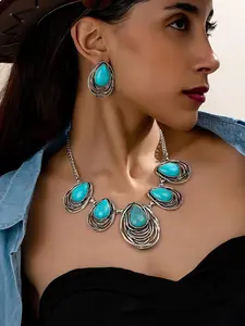 Boho Style Turquoise Decorated Jewelry Set, Vintage Style Pendant Necklace & Dangle Earrings, Fashion Jewelry Accessories for Women