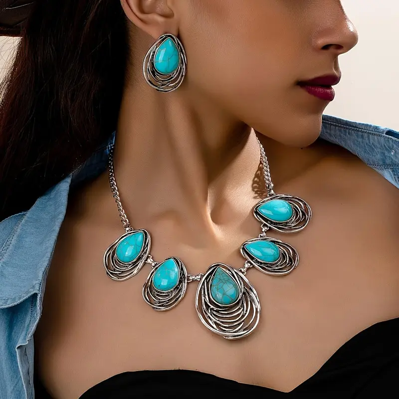 Boho Style Turquoise Decorated Jewelry Set, Vintage Style Pendant Necklace & Dangle Earrings, Fashion Decorative Jewelry Accessories for Women