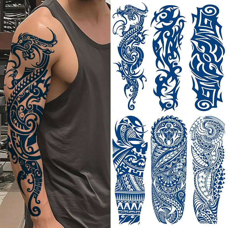 6 Piece Semi-Permanent Herbal Temporary Tattoo Set, Dragon Tribe Cool Bull Turtle Waterproof Tattoos for Men & Women, Realistic Body Art, Tattoo Stickers, Arm Temporary Tattoos