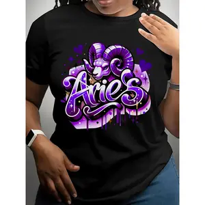 Women's 180g Black Cotton Crew Neck Short Sleeve Aries Print T-Shirt, Zodiac Graphic Tee for Astrological Style, Comfortable Casual Top for Daily Wear, Horoscope Astrological Gift