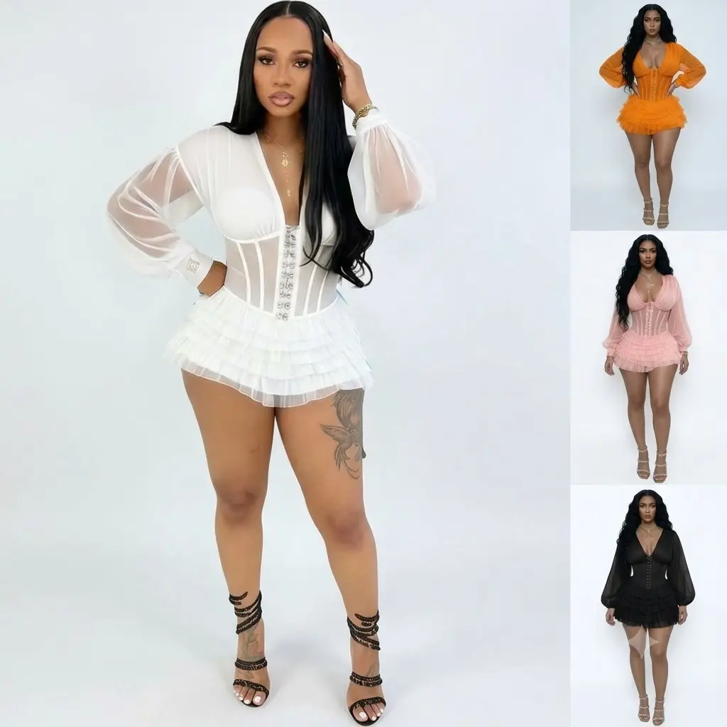 Women's Sexy 4-Color Corset Mini Jumpsuits - Plunge V-Neck with Sheer Lantern Sleeves & Tiered Ruffle Hem - Bodycon Aesthetic Birthday Party Dress Black Clubwear Cocktail Fairy Outfit Overalls Piece Womenswear Statement