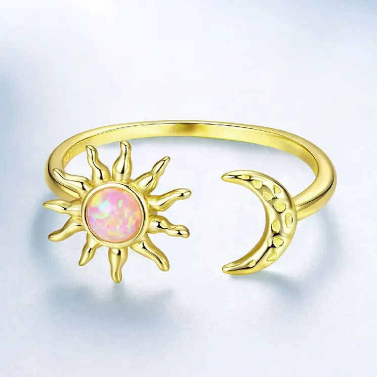 18K 925 Sterling Silver Pink Opal Sun & Moon Adjustable Ring + Pendant Choker