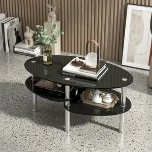 35.5 Inch Black Tempered Glass Coffee Table with 2 Storage Shelves, Metal Frame Sturdy Side Table, Round Edge Elegant Accent Table for Living Room Home Furniture