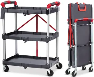 Garvee Foldable Multipurpose Cart with Wheels, 3-Tier Rolling Cart for Kitchen, Office, Shopping, Garage