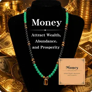 【Mother's Day Gift】Veliora Gift B Money Necklace for Men Natural Crystal Black Obsidian Beaded Necklaces Money Necklace Wealth for Women Lucky Jewelry for Men Women initial