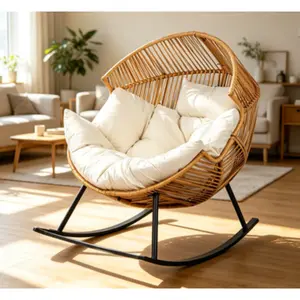 Oversized Wicker Rocking Egg Chair – Ergonomic Rattan Lounge Rocker, Extra-Soft Pillow, Thick Cushion, for Indoor/Outdoor Use in Living Room or Backyard