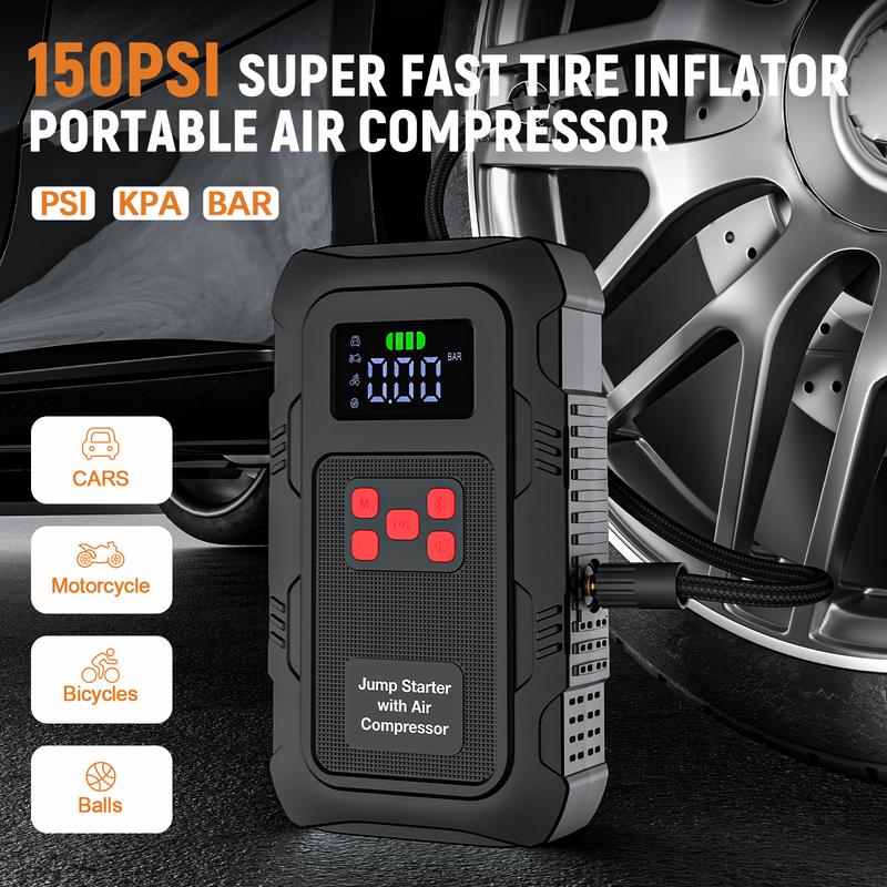 HPBS 24000mAh Power Bank Auto Battery Booster With Air Compressor 6000A 150PSI Fast Inflation 12V Portable Jump Starter for 10.0L Gas and 8.0L Diesel Engines