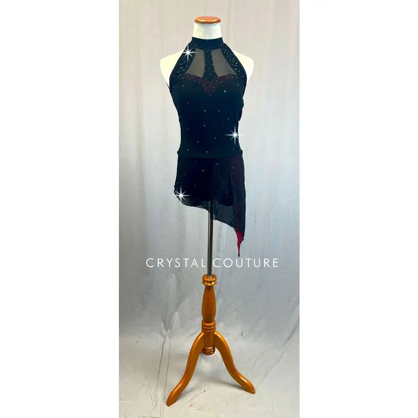 Custom Black & Shimmery Burgundy Mock Neck Leotard with Attached Skirt - Rhinestones
