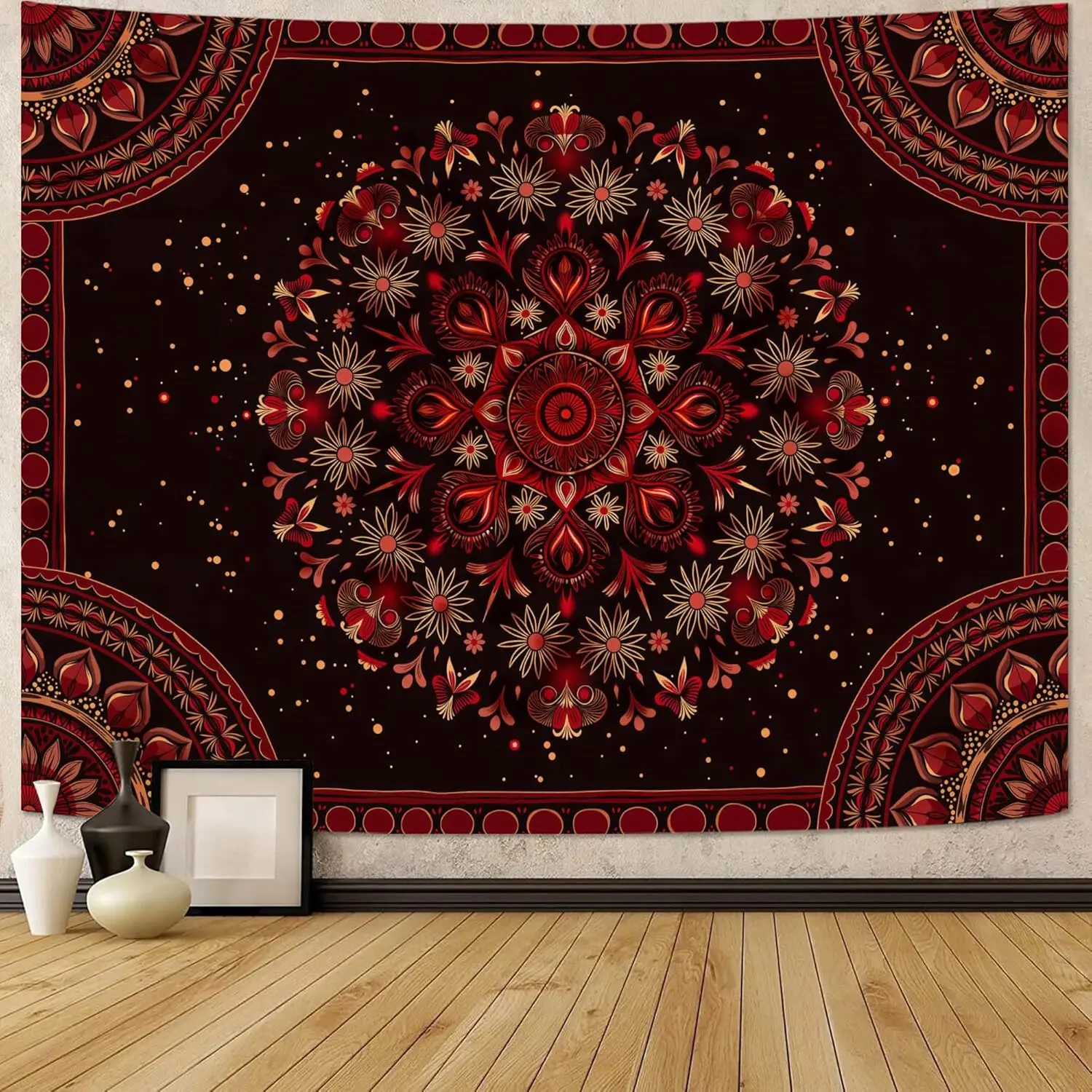 Boho Mandala Cloth Tapestry Wall Art - Smooth, Lightweight, Black-Red Floral Medallion Print - Boho Decor Room Art for Bedroom, Living Room Home Wall Hanging, Decor Inspo