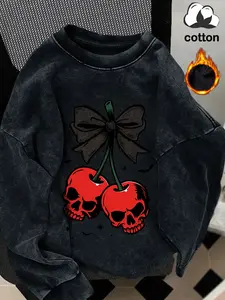 Cotton clothing, dark sweet cool style: cherry skull and bow, casual retro washed cotton long-sleeved pullover, round neck casual sports women's pullover sweatshirt, autumn and winter plus velvet women's clothing