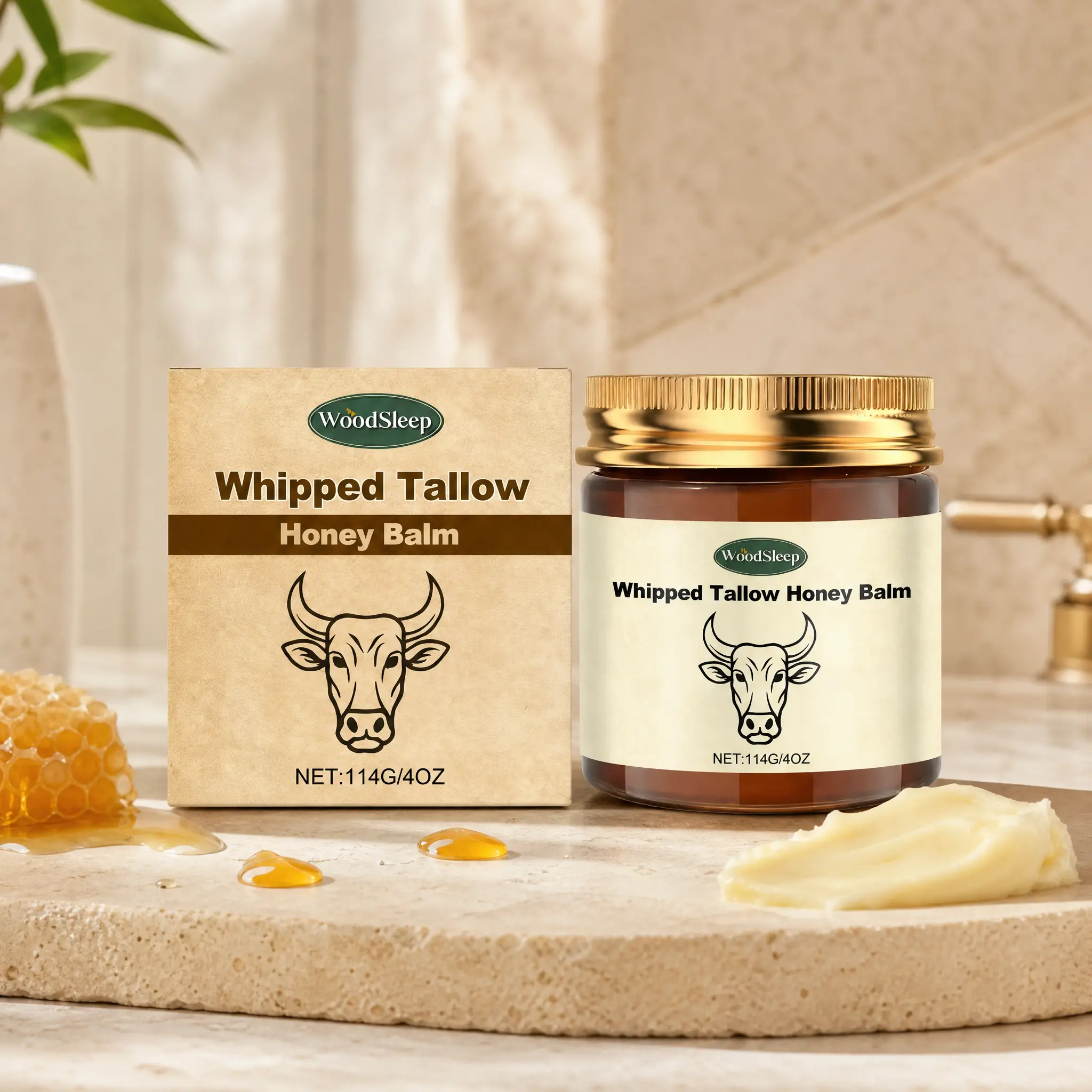 Whipped Tallow Honey Lip Balm, Tallow Honey Body Balm, Grass-Fed Tallow Skin Cream Body Moisturizer, Deeply Moisturizing and Nourishing for Dry Skin, Suitable for Dry, Chapped Skin