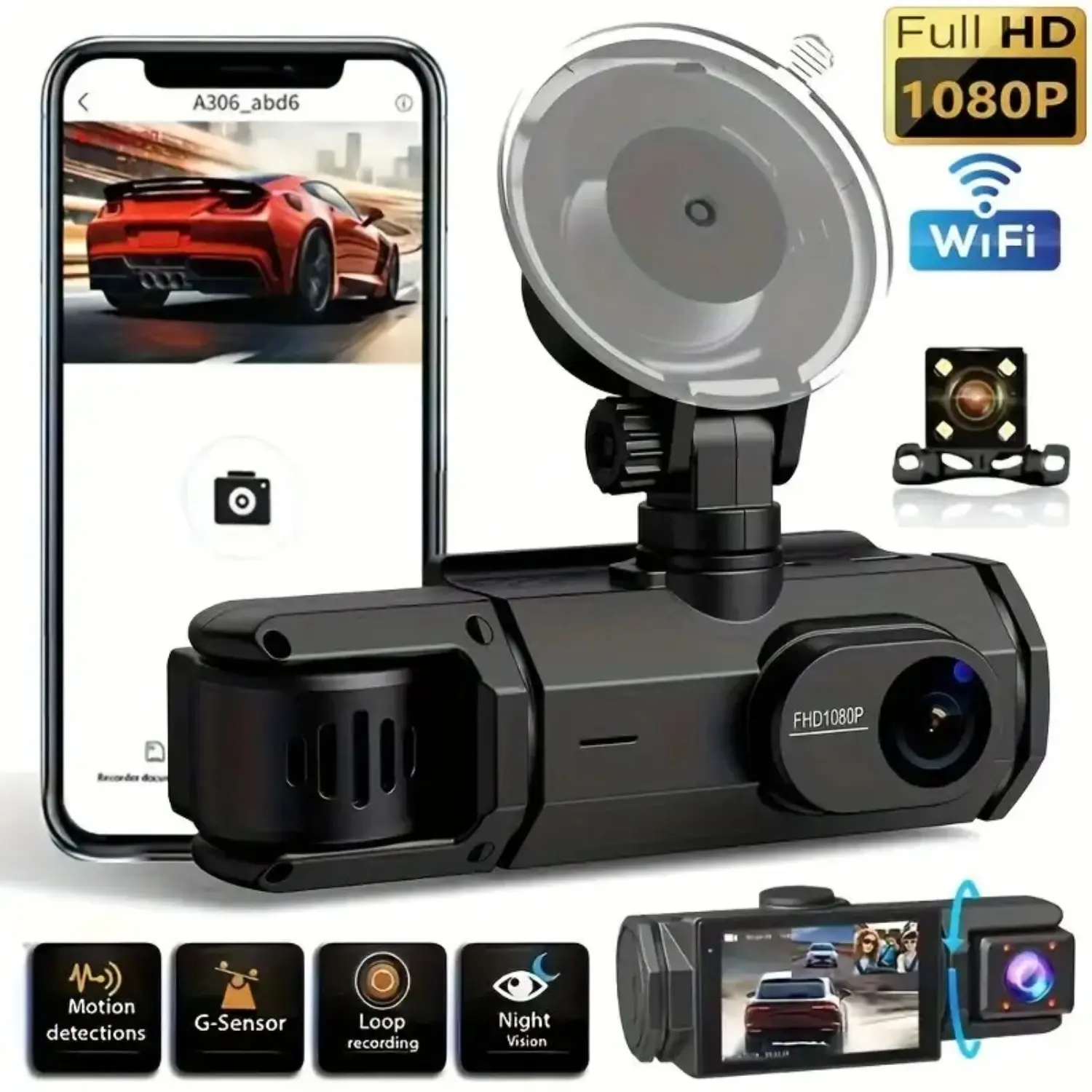 Three-Lens Car Recorder with Free 32GB Storage Card, Wi-Fi Enabled, Non-Rechargeable, Must Be Plugged In, Essential for Safe Driving, Car Dash Cam, WiFi Car Dashcam, Car Dash Camera, Dashcam for Cars, Automotive Dashcam