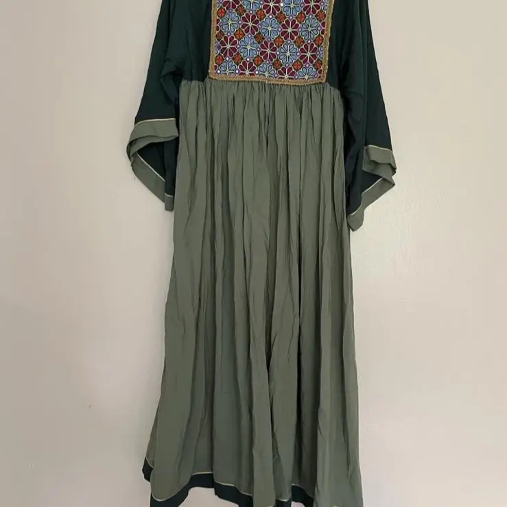 Green Afghan Dress with Embroidered Detail and Pleated Skirt for Traditional Wear