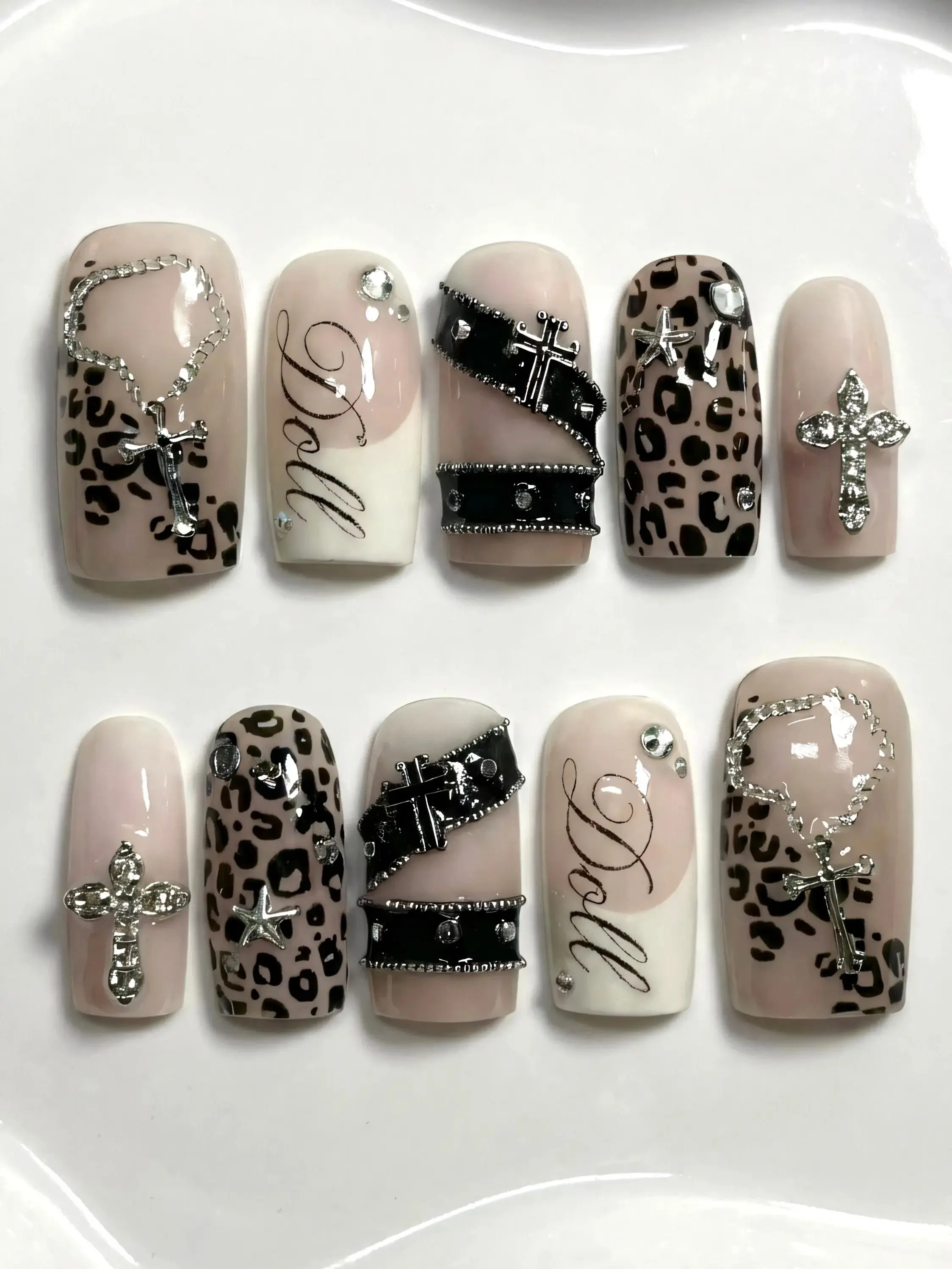 [ SUPER SALE 50% ] Gothic Leopard Press on Nails, Chrome Cross, Chain and Studded Strap Art