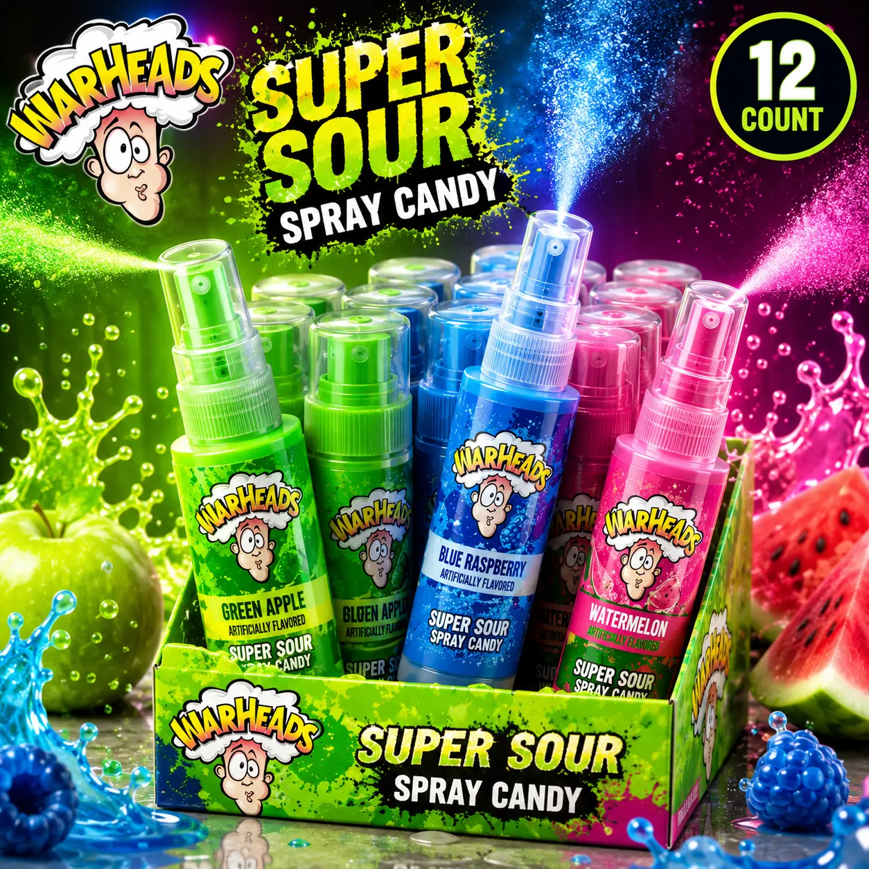 Warheads Super Sour Spray Candy 12 Count  Extreme Sour Liquid Candy Spray | Fun Party Treats, Candy Challenges & Sweet Gifts