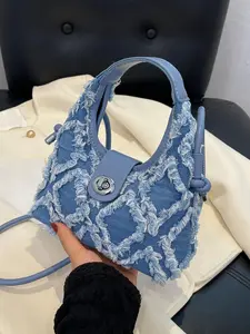 Retro denim baguette bag, irregular raw edge design, small crossbody design, old texture, three-dimensional stitching decoration, metal lock, Denim Shoulder Purse, Denim Shoulder Satchel, commuting style suitable for students and office workers