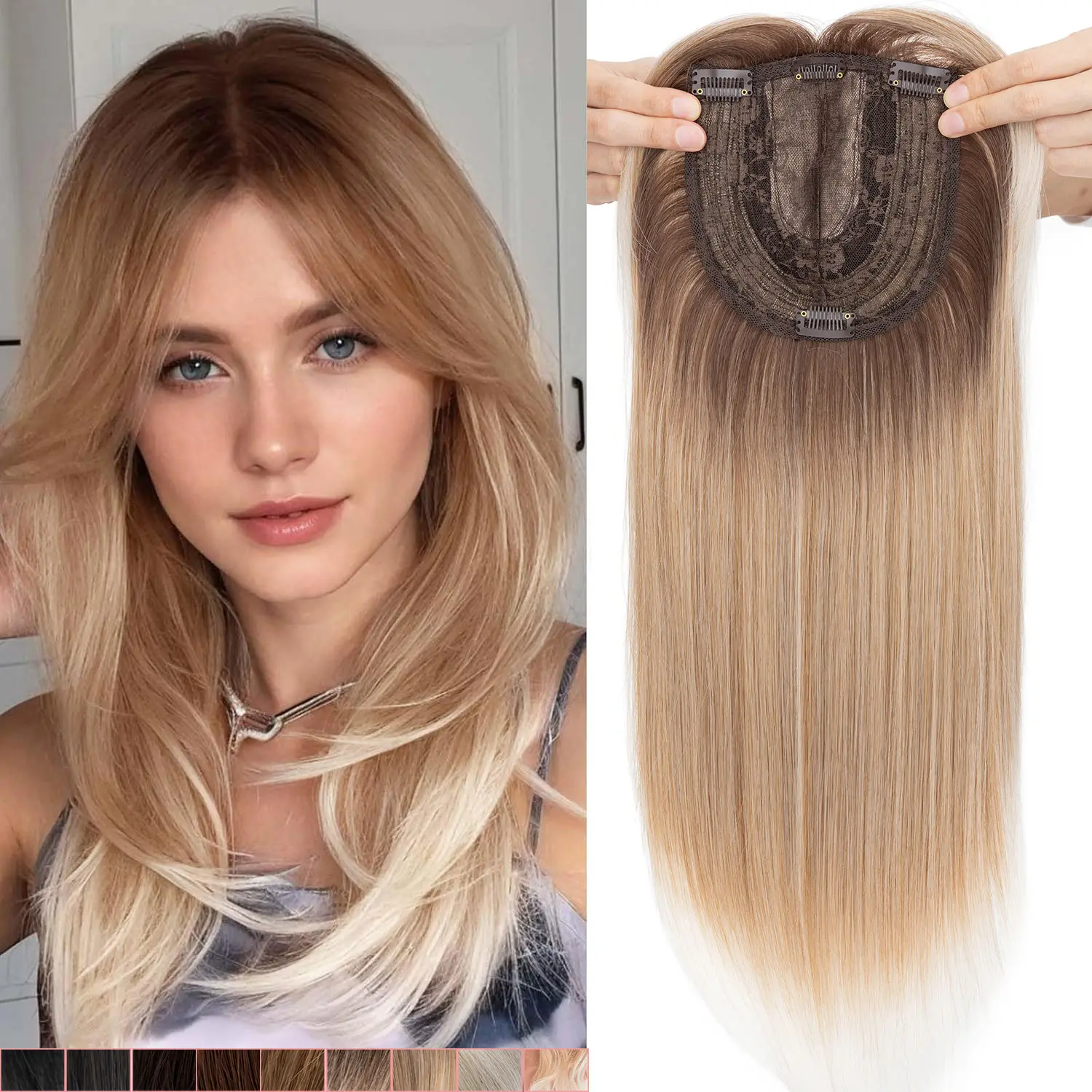 14in/ 18in Blonde Highlight Synthetic Hair Toppers Hair Pieces For Women Light&Breathable Lace Clips In Toppers Straight  Hair Extensions for Thinning Hair Wiglets For Woman Toupee
