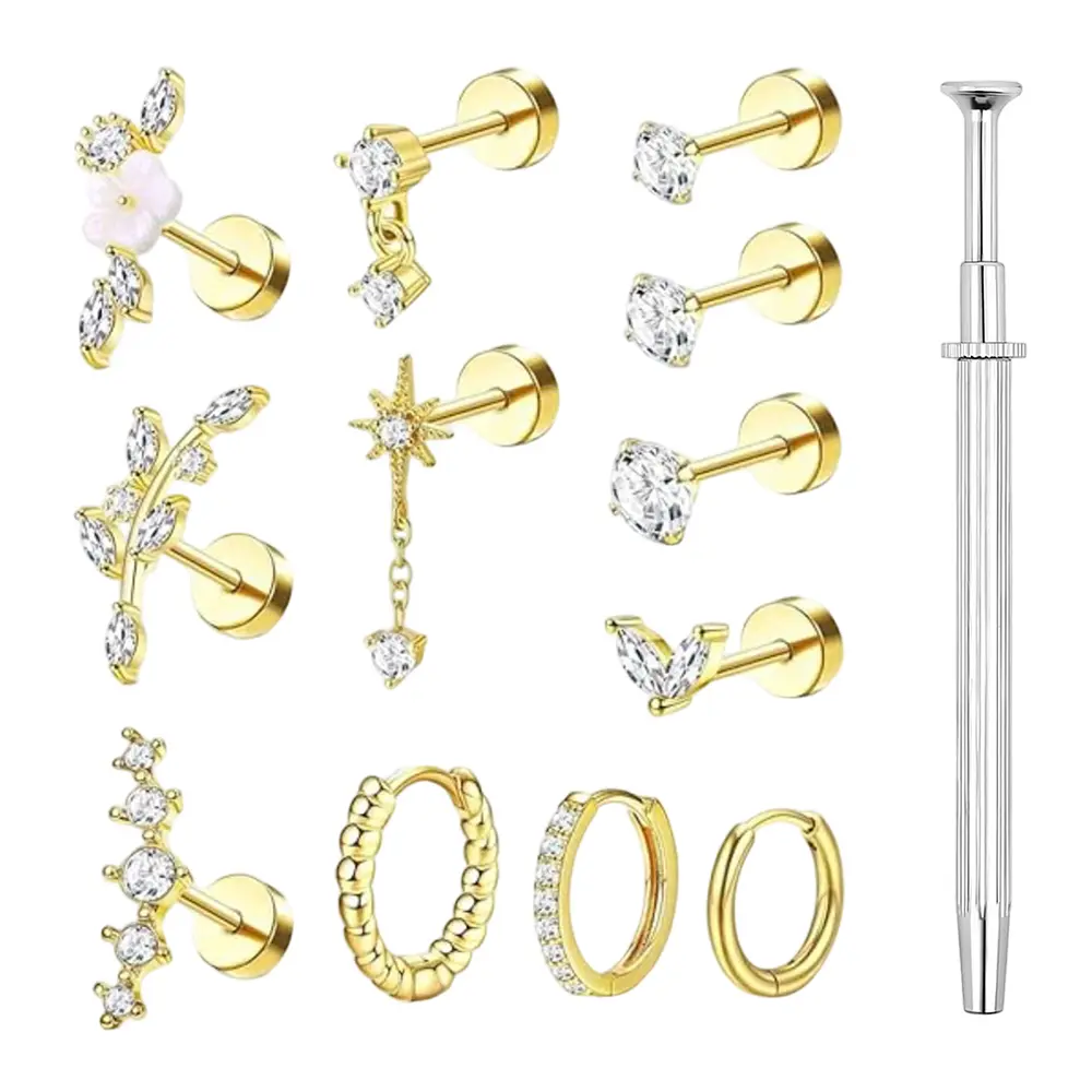 12PCS Flat Back Cartilage Earrings for Conch Tragus Helix Piercing Jewelry | Hypoallergenic 16 Guage Cartilage Earring Stacks,Surgical Stainless Steel Stud Hoop Earring Sets for Multiple Piercing