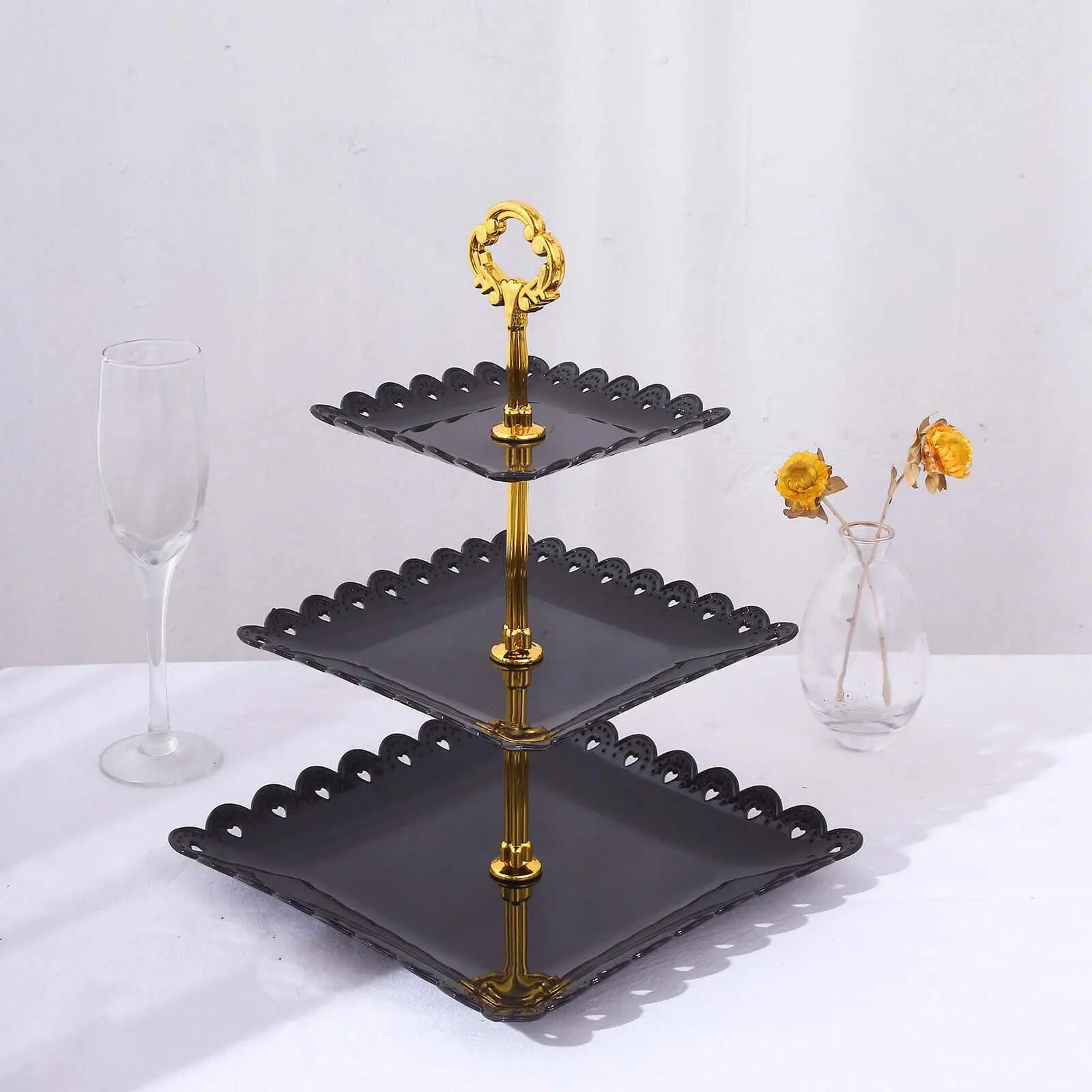 13" Square Disposable Plastic 3-Tier Cupcake Stand Tower, Decorative Dessert Display Platter with Heart Wavy Edge, Gold Top Handle for Tea Parties, Weddings, Baby Shower, Christmas, Graduation