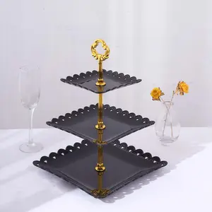 3-Tier Plastic Square Cupcake Stand Tower Black - Charming Disposable Dessert Display Serving Tray Platter with Heart Wavy Edge & Gold Top Handle for Tea Parties Weddings & Special Occasions 13"