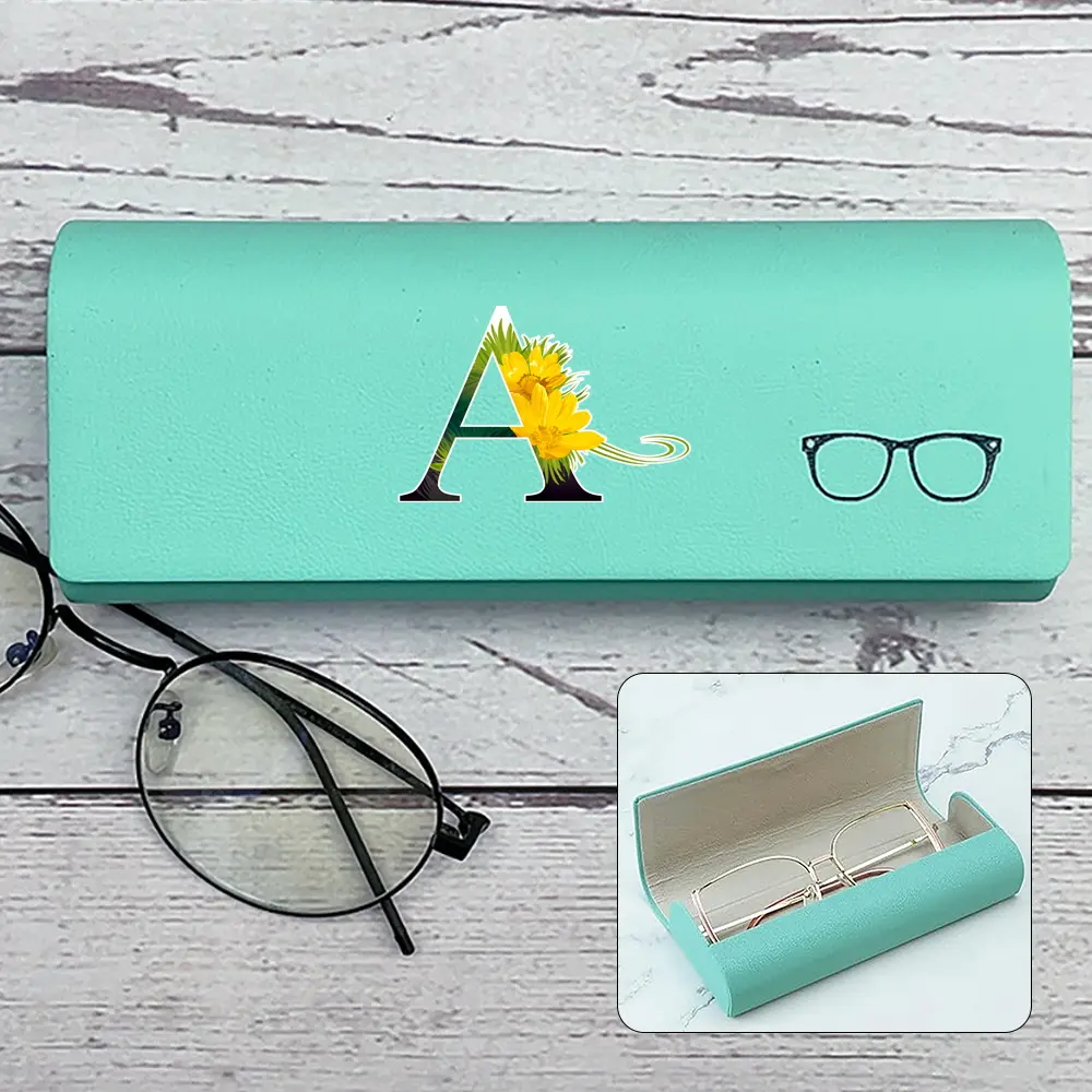 PU Eyewear Case Dustproof Portable Sunglasses Box with Magnetic Switch, Anti-Pressure Protective Container for Travel, Flower Color Initial Name 26 Letters Pattern