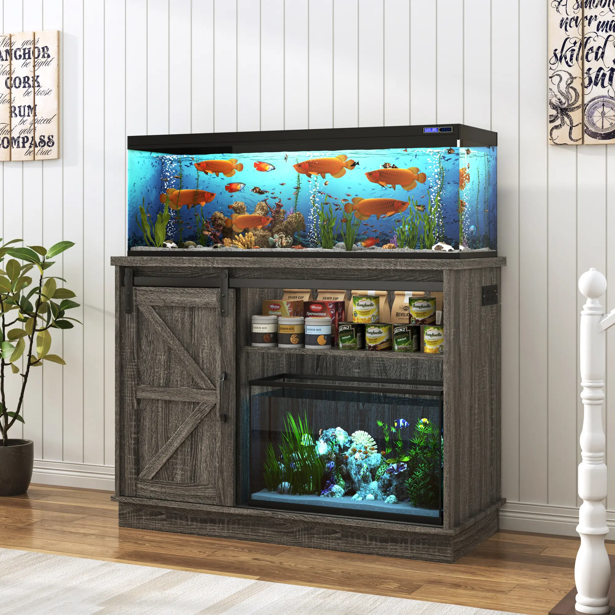 Farmhouse Aquarium Stand - 41.9" W x 18.3" D x 31.5" H Reinforced Fish Tank Cabinet for Aquarium Setup, with Sliding Barn Door, Hidden Gear Door, Shelf Height Adjust, Slide-Open Access, Built-In USB Port