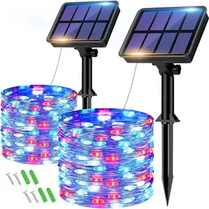 2 Pack Red White and Blue Solar Fairy Lights, 4th of July Solar String Lights Outdoor , 160LED 66FT Memorial Independence Day Patriotic Decorations for Outside Tree Garden Patio Yard