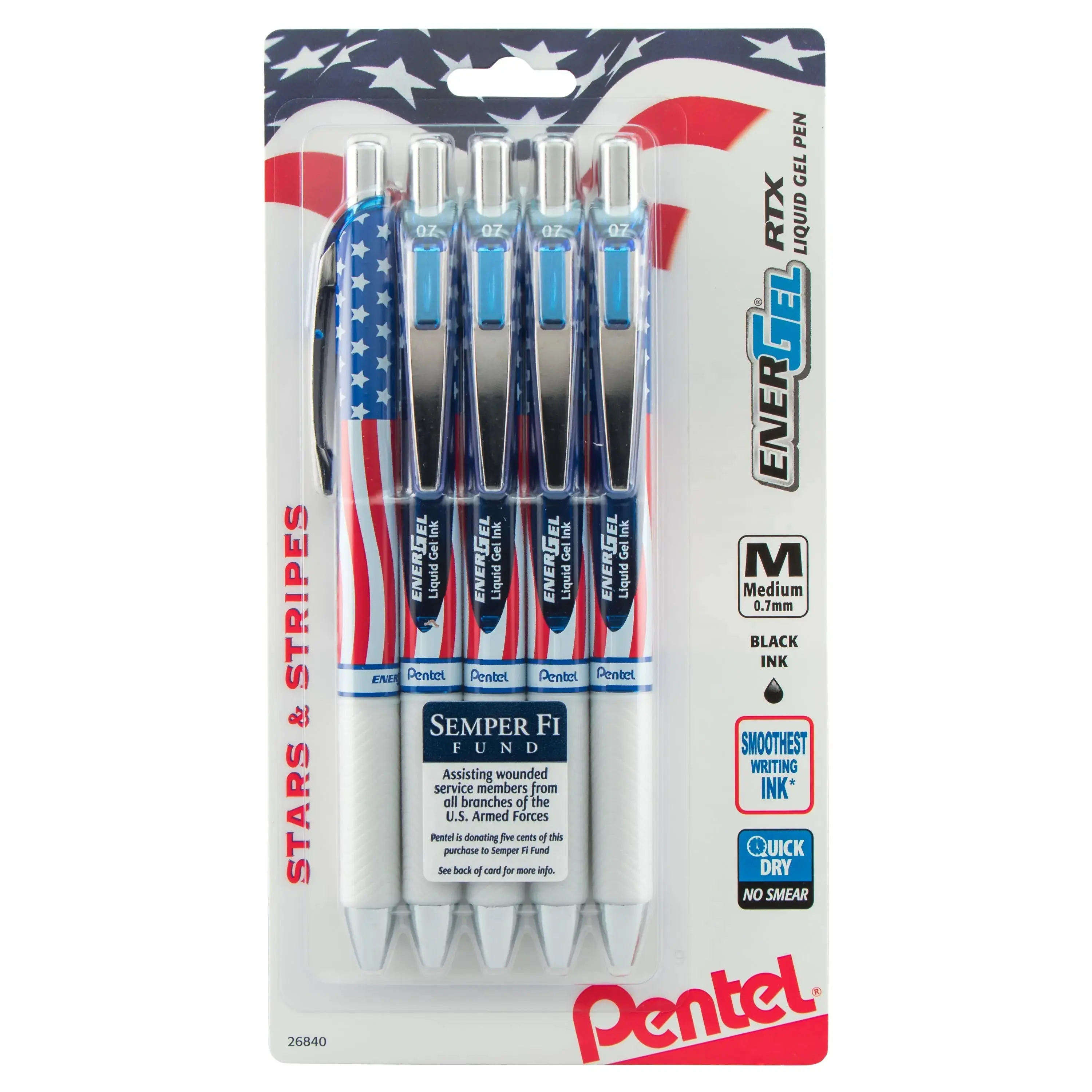 Pentel EnerGel RTX, Stars & Stripes Edition, Liquid Gel Pens, 0.7mm, Black ink, 5-pk