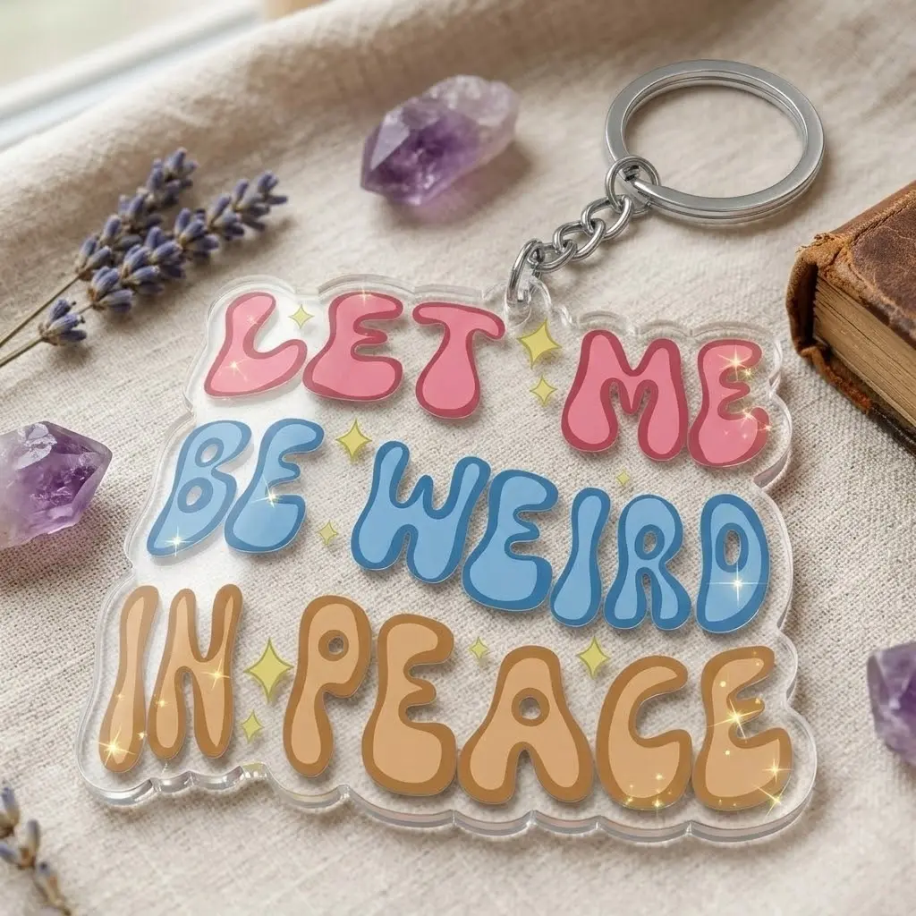 Let Me Be Weird In Peace Keychain - Retro Quote Acrylic Charm, Funny Aesthetic Bag Accessory, Unique Gift for Friends & Introverts