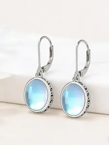 Women's 925 Silver Vintage Bohemian Oval Moonstone Dangle Earrings, Hypoallergenic Fashion Jewelry, Perfect for Daily Wear and Gifts