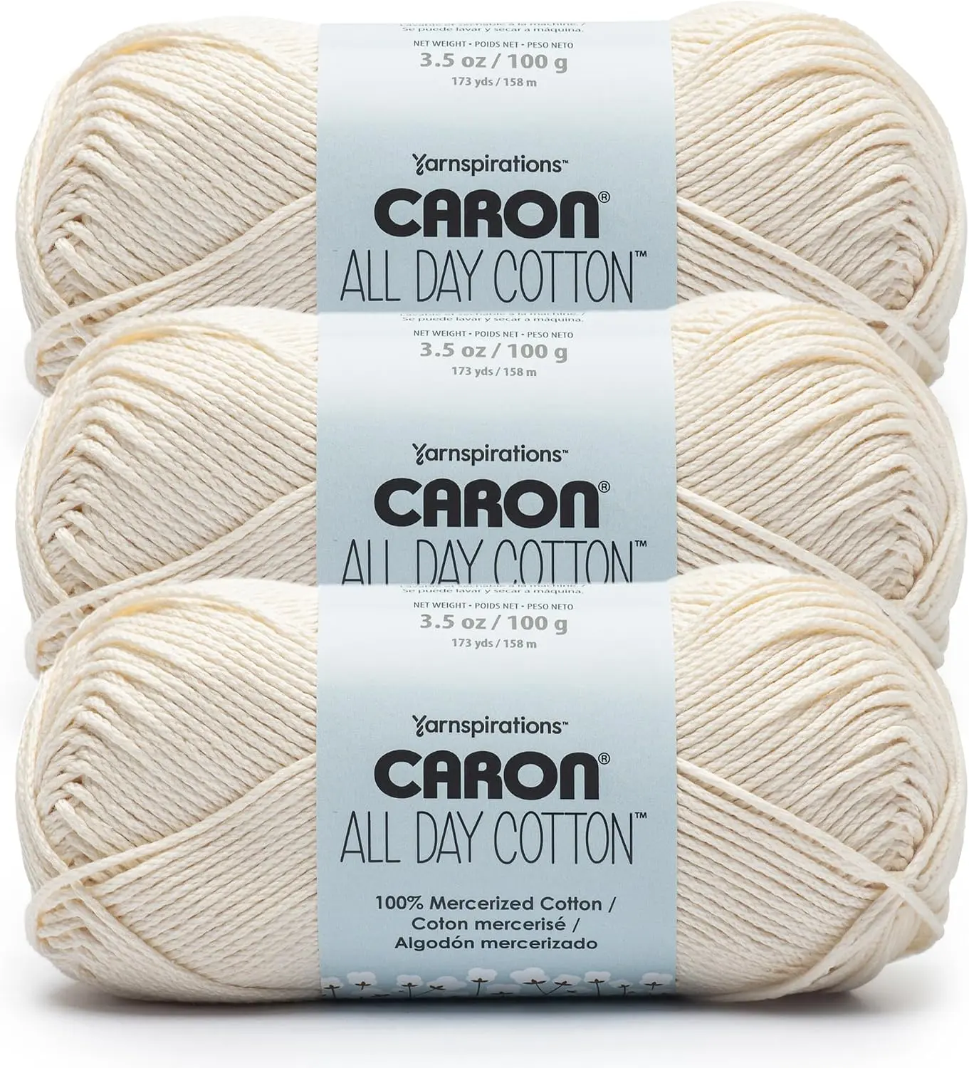 Caron All Day 100% Mercerized Cotton Yarn Set - 3-Pack, Cream, 173 yd/3.52 oz, Smooth Sheen, Soft Finish, for Crafting, Knitting & Crochet