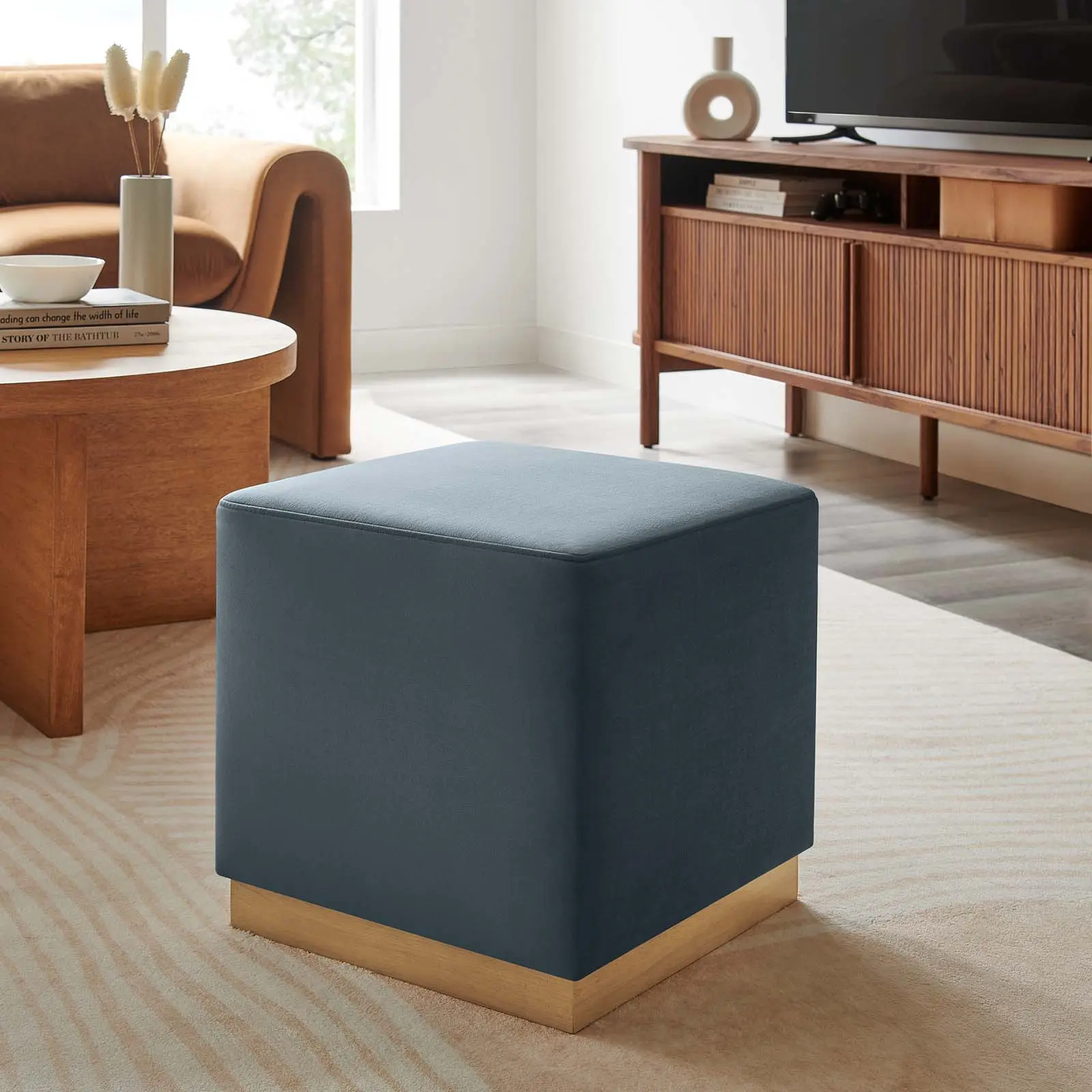 Modway Tilden 17" Square Performance Velvet Upholstered Ottoman Footstool, Cadet Blue - Modern Furniture, Mini Square Living Room Furniture for Indoor Decor