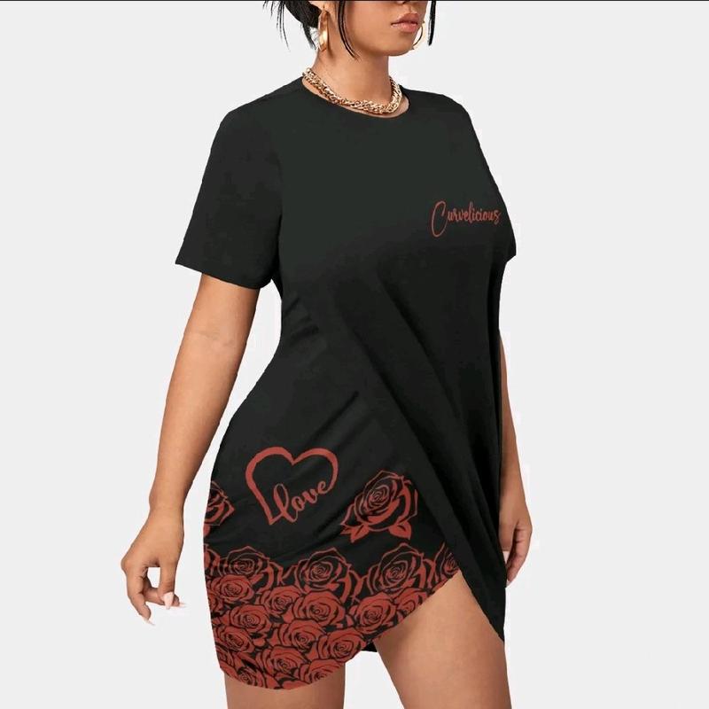Love Me Ruched Tee Dress - Black Short Sleeve Crew Neck with "Carvelicious" Text Design for Women