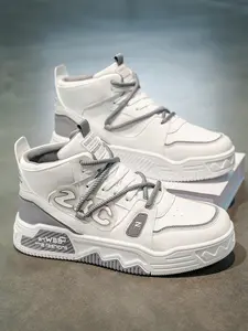 Men's White-Gray Color-Block Platform High-Top Sneakers: Leather Splicing + Height-Increasing Anti-Slip, Trendy Casual Sports Shoes