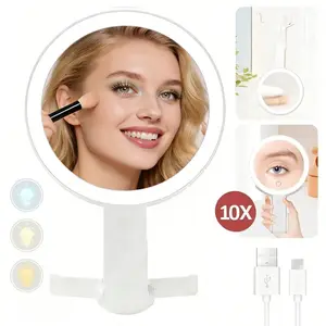 Travel Makeup Mirror with Lights,10X/1X Magnifying Mirror with Light, Double Sided Travel Led Mirror with 3 Color Light Adjustable Brightness, Foldable Lighted Makeup Mirror for Tabletop,Handheld, Hanging, Gifts for Women