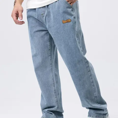 Men's Straight-Leg Jeans with Pocket, Adjustable Drawstring Elastic Waist, Non-Stretch Denim Pants for Daily Casual Wear, Order One Size Up