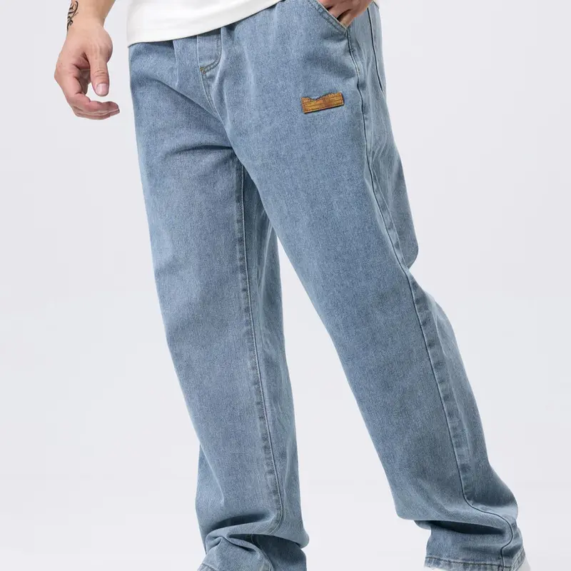 Men's Straight-Leg Jeans with Pocket, Adjustable Drawstring Elastic Waist, Non-Stretch Denim Pants for Daily Casual Wear, Order One Size Up