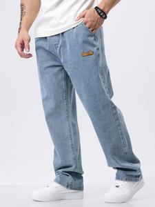 men's regular fit patched drawstring waist jeans, casual comfy pocket denim pants for daily wear, woven bottoms for all seasons, cotton, menswear, streetwear, trouser, western relax jeans